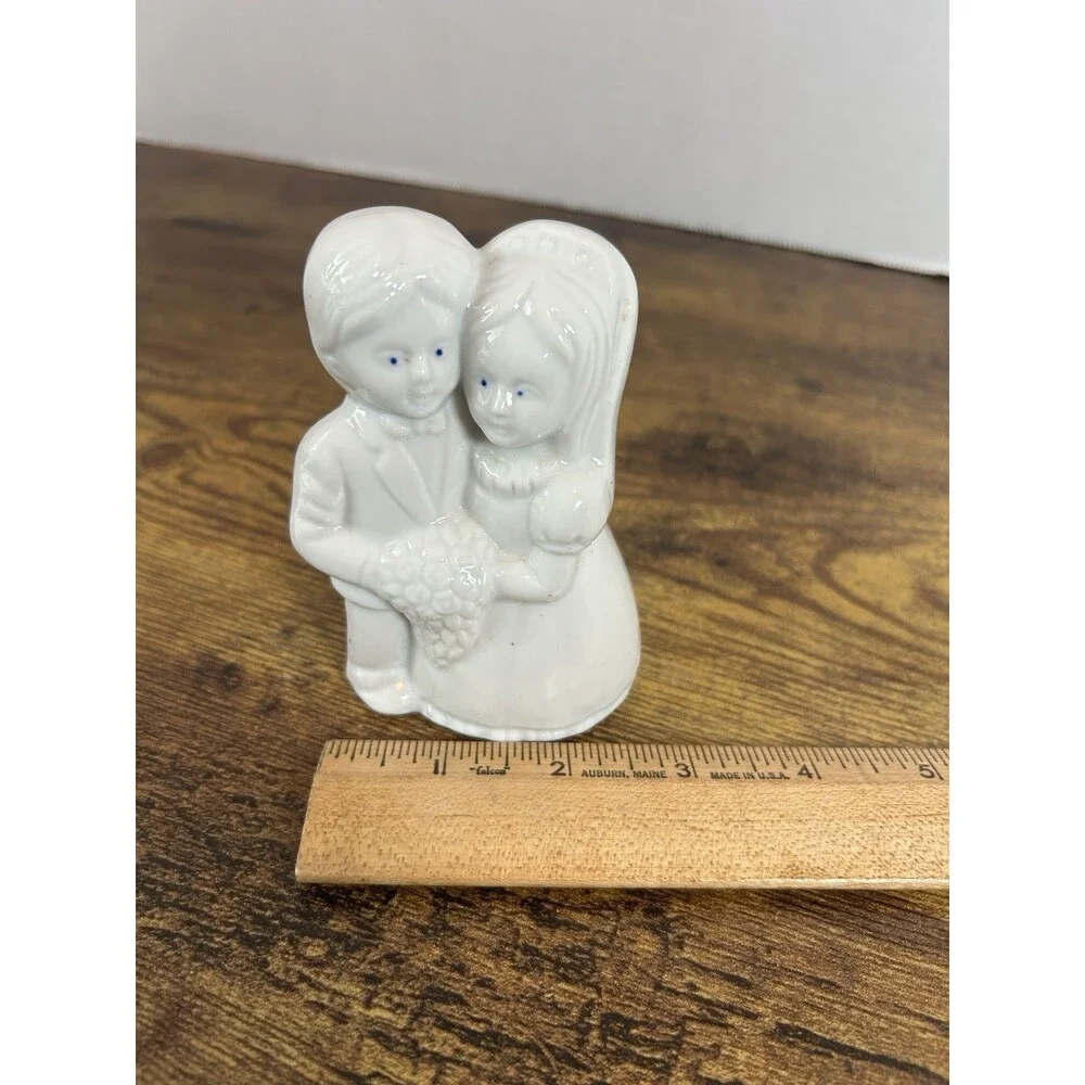 Vintage Ceramic Bride & Groom Wedding Bell White Porcelain Figurine Keepsake